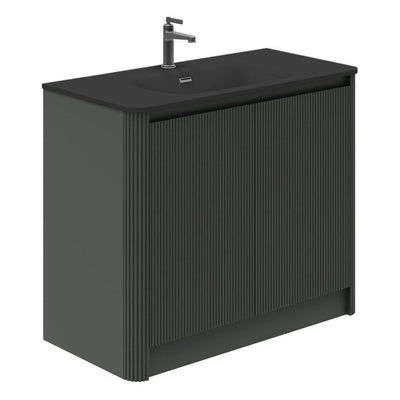 Jack 1000mm Ribbed Floorstanding Vanity Unit with Doors in Green with Black Worktop N23