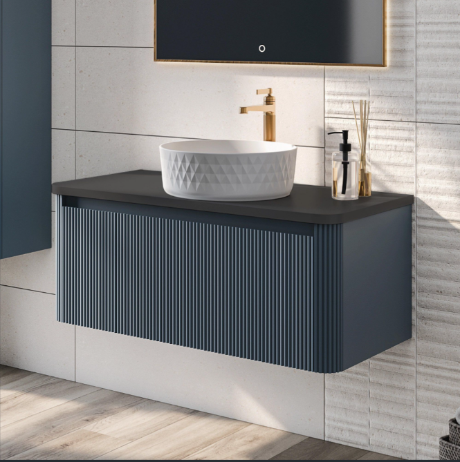 Jack 1000mm Ribbed Wall Hung Vanity Unit in Blue with Black Worktop N23