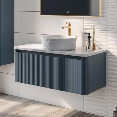 Jack 1000mm Ribbed Wall Hung Vanity Unit in Blue with White Worktop N23