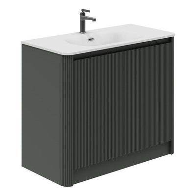 Jack 1000mm Ribbed Floorstanding Vanity Unit with Doors in Green with White Worktop N23