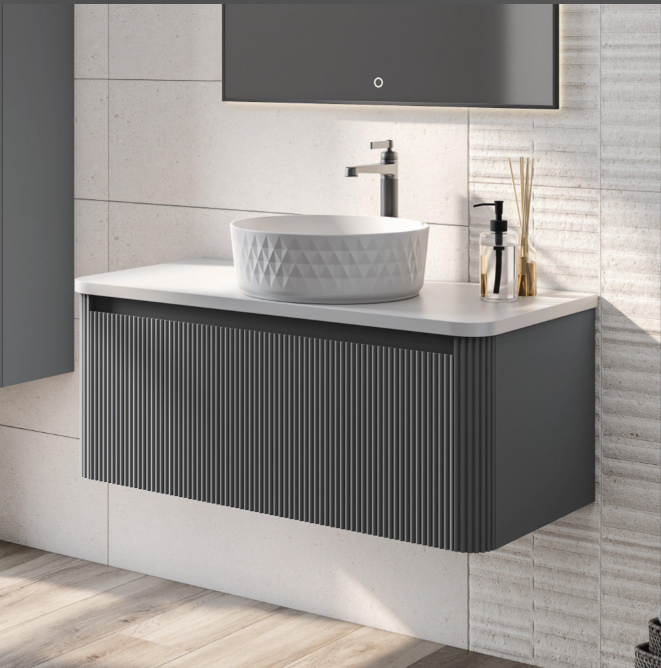 Jack 1000mm Ribbed Wall Hung Vanity Unit in Charcoal with White Worktop N23
