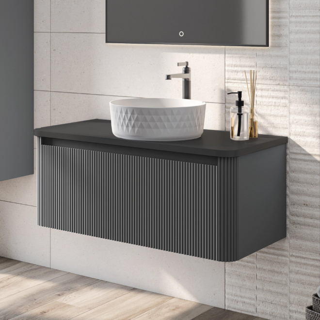 Jack 1000mm Ribbed Wall Hung Vanity Unit in Charcoal with Black Worktop N23