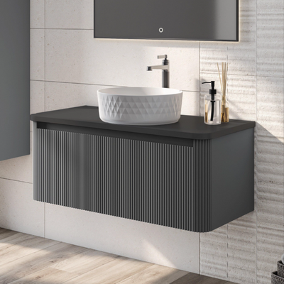 Jack 1000mm Ribbed Wall Hung Vanity Unit in Charcoal with Black Worktop N23