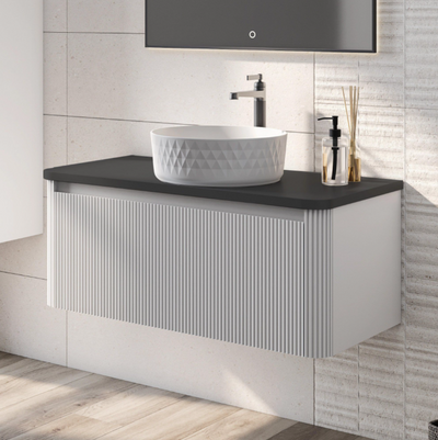 Jack 1000mm Ribbed Wall Hung Vanity Unit in White with Black Worktop N23
