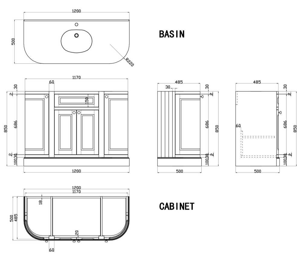 Louise 1200mm Curved Floor Standing Vanity Unit in Matt White with Worktop and Ceramic Basin