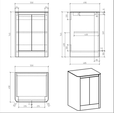 Lucy 550mm Floor Standing Vanity Unit in Titanium Grey Gloss with White Marble Worktop