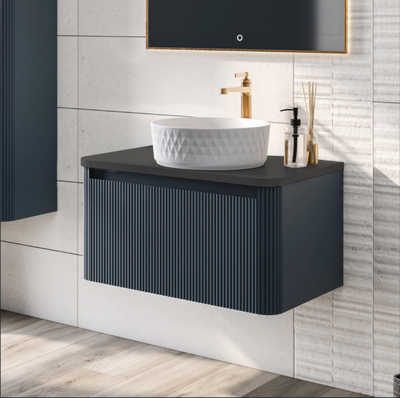 Jack 600mm Ribbed Wall Hung Vanity Unit in Blue with Black Worktop N23