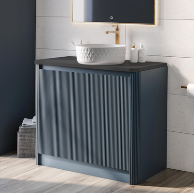 Jack 1000mm Ribbed Floorstanding Vanity Unit with Doors in Blue with Black Worktop N23