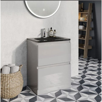Nancy 600mm Floor Standing Vanity Unit & Grey Glass Basin in Light Grey Gloss