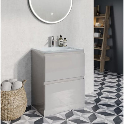Nancy 600mm Floor Standing Vanity Unit & Opal Glass Basin in Light Grey Gloss