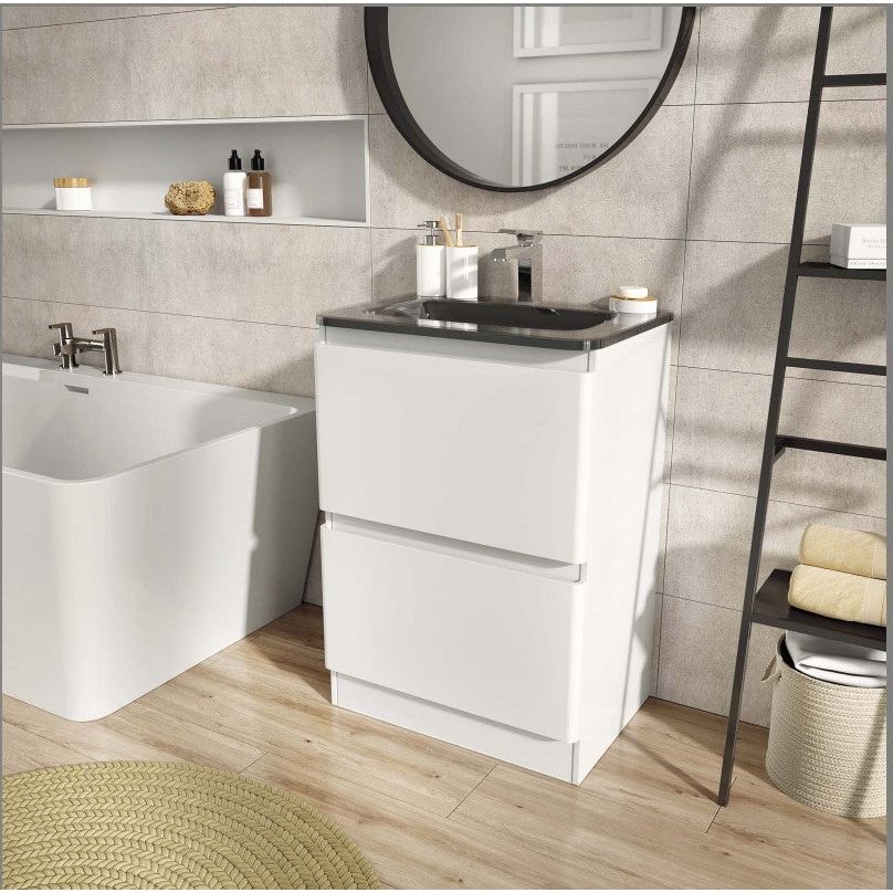 Nancy 600mm Floor Standing Vanity Unit & Grey Glass Basin in Gloss White