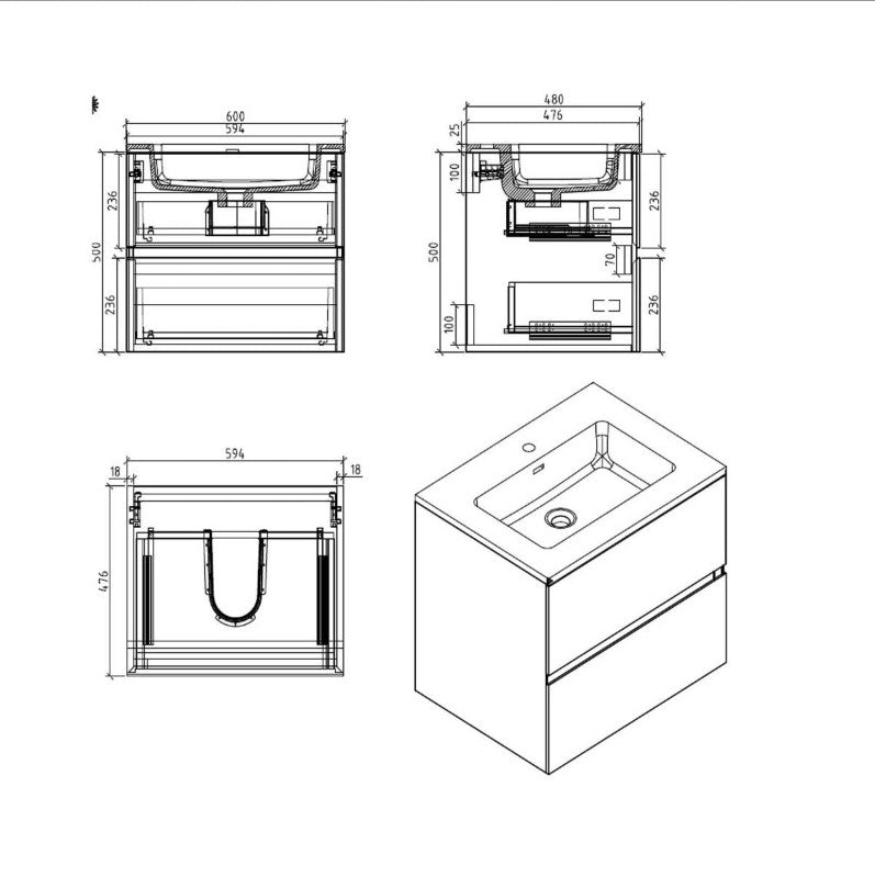 Venice Wall Mounted Vanity Unit Concrete & White Resin Basin 600mm