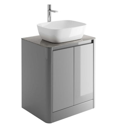 Lucy 650mm Floor Standing Vanity Unit in Light Grey Gloss with Grey Marble Worktop