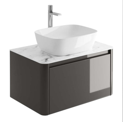 Lucy 750mm Wall Hung Vanity Unit in titanium Grey Gloss with White Marble Worktop