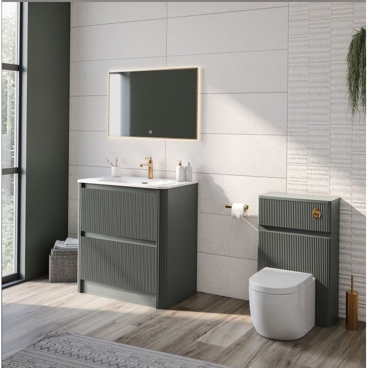 Jack 800mm Ribbed Floorstanding Vanity Unit with Drawers in Green with Gloss White Ceramic Basin N24