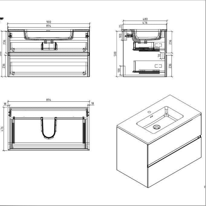 Venice Wall Mounted Vanity Unit Concrete & Black Resin Basin 900mm