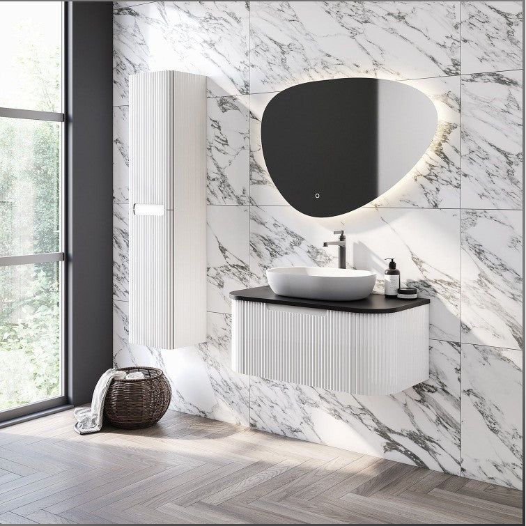 Eagle 900mm Ribbed Wall Hung Matt White Vanity Unit & Black Worktop N23