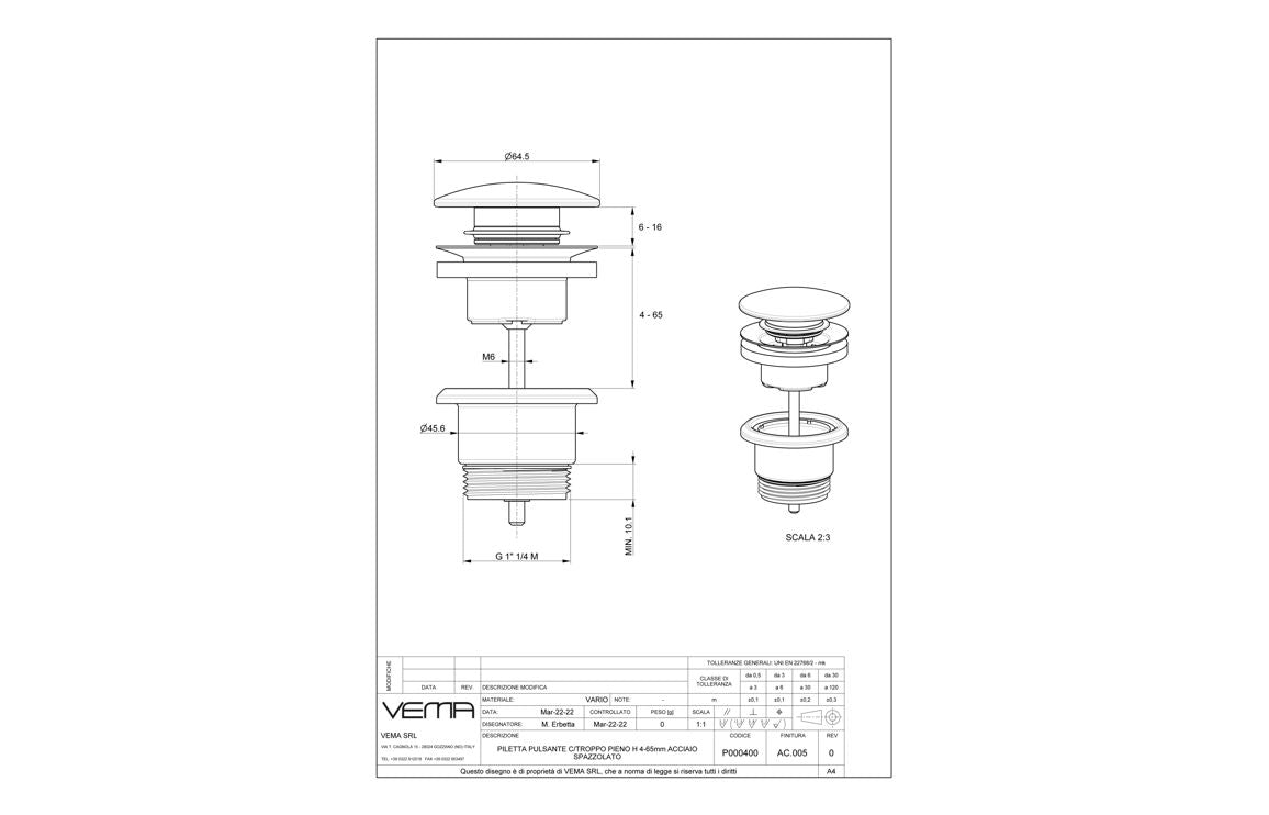 Vema Unslotted Push Button Waste - Matt Black : DITW0052