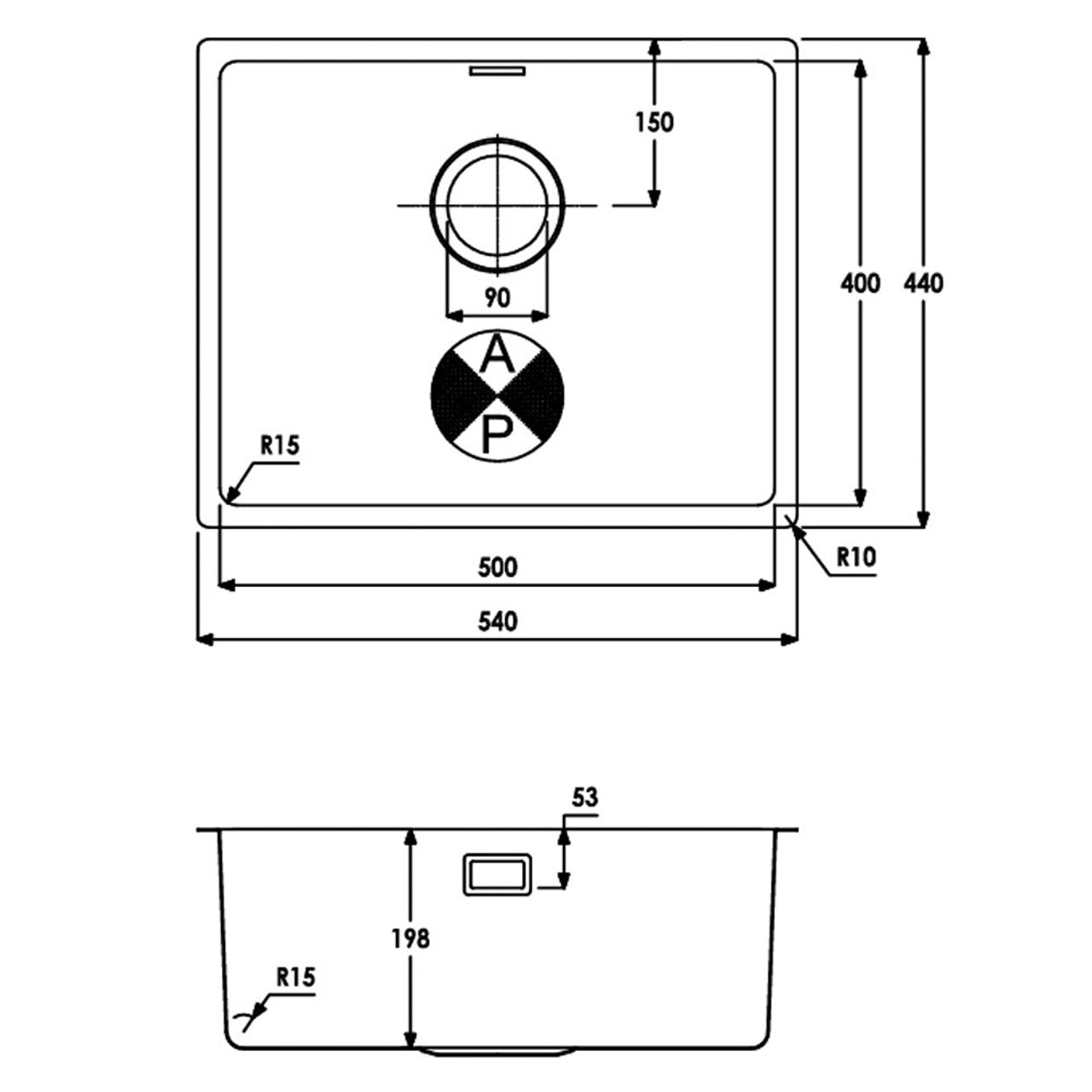 Abode Matrix R15 1.0 Bowl 54cm Undermount Sink AW5122