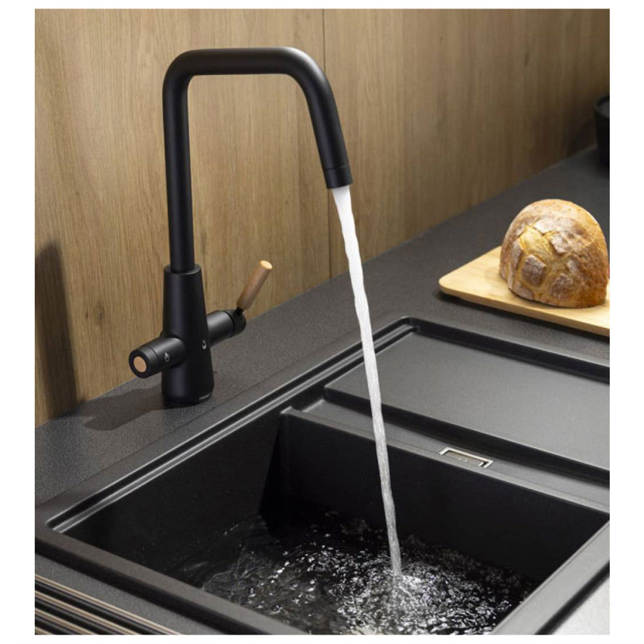 Abode Pronteau Scandi-E 4 in 1 Hot & Filtered Kitchen Tap Wood Handle Black