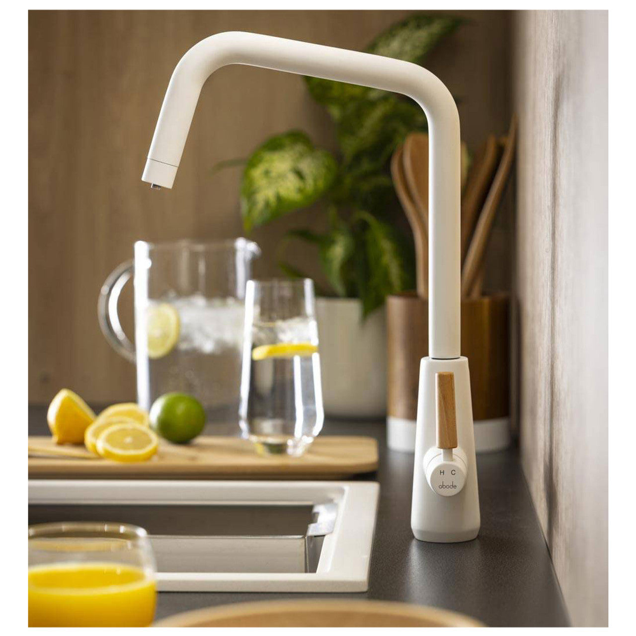 Abode Pronteau Scandi-X 4 in 1 Hot & Filtered Kitchen Tap Wood Handles Matt White