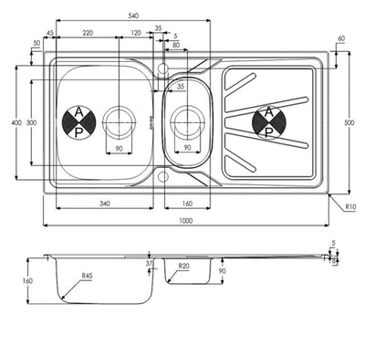 Abode AW5055 Trydent 1.5 bowl Stainless Steel Sink