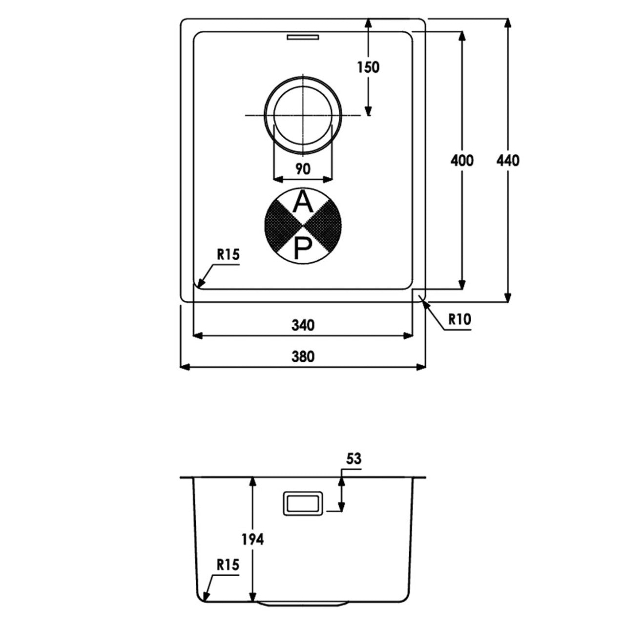 Abode Matrix R15 1.0 Bowl 38cm Undermount Sink AW5121