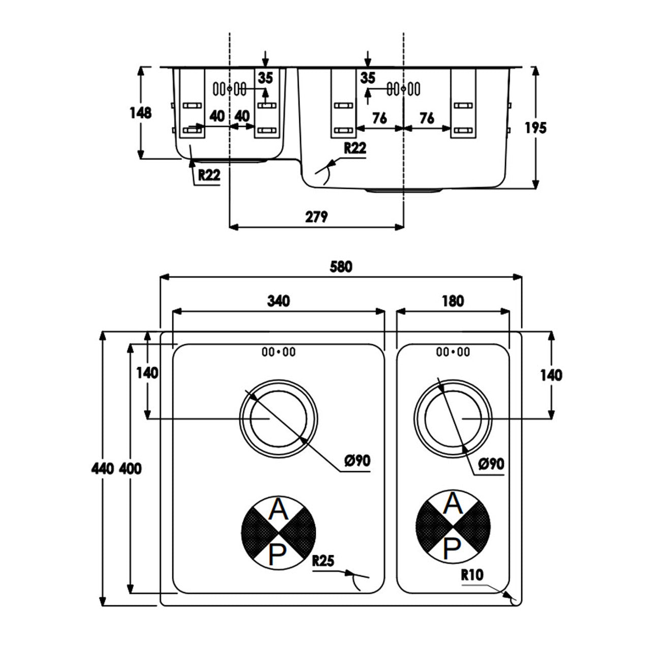 Abode Matrix R25 Medium Inset / Undermount 1.5 Bowl Sink LH or RH
