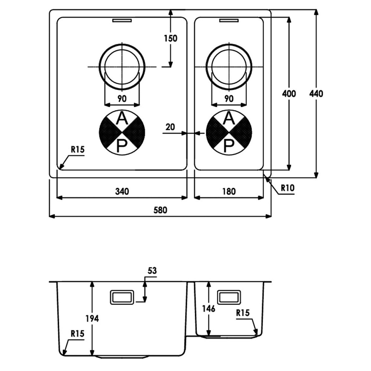 Abode Matrix R15 1.5 Bowl Undermount Steel Sink LH or RH