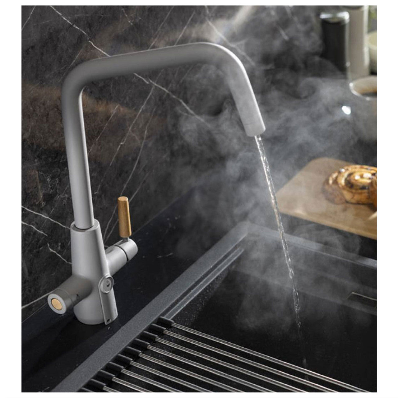 Abode Pronteau Scandi-E 4 in 1 Hot & Filtered Kitchen Tap Wood Handle Matt Grey