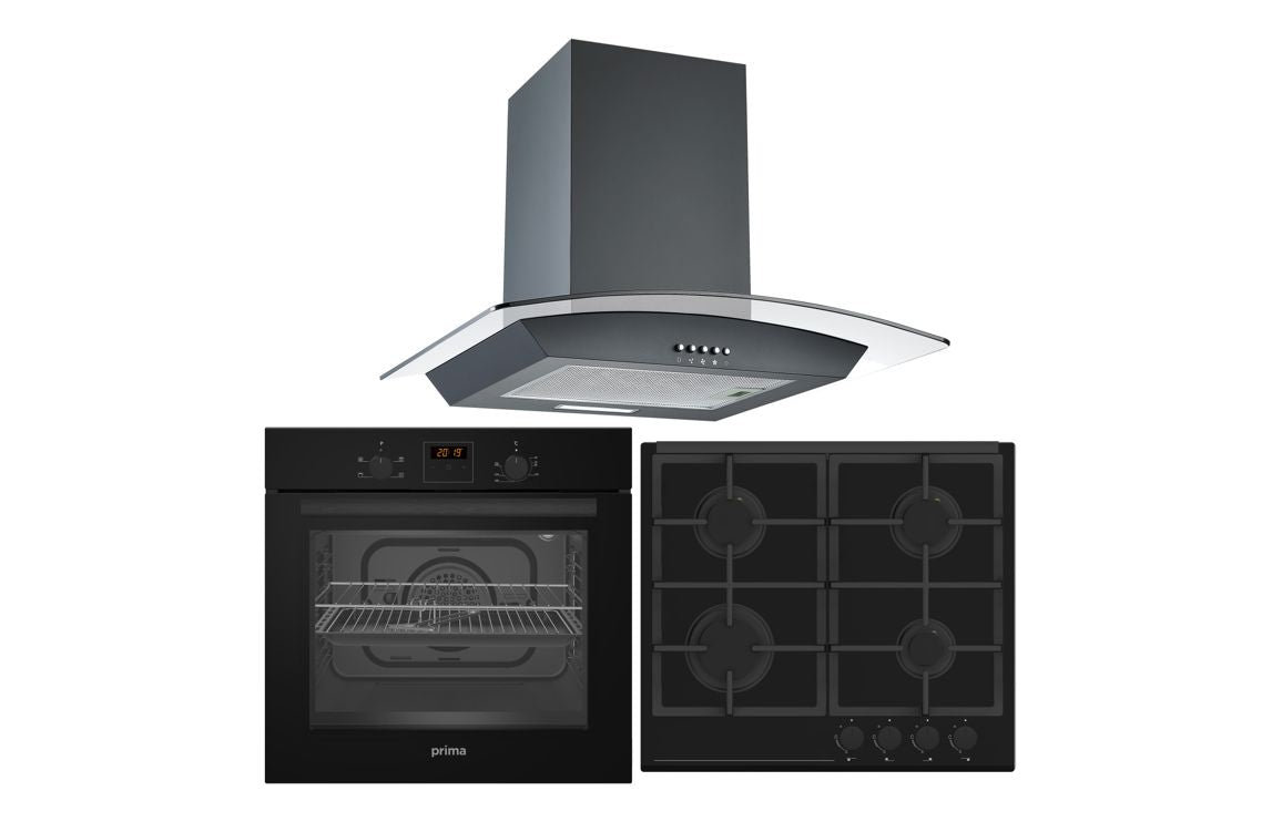 Prima Oven, Gas Hob & Curved Glass Chimney Hood Pack - Black PPR1051