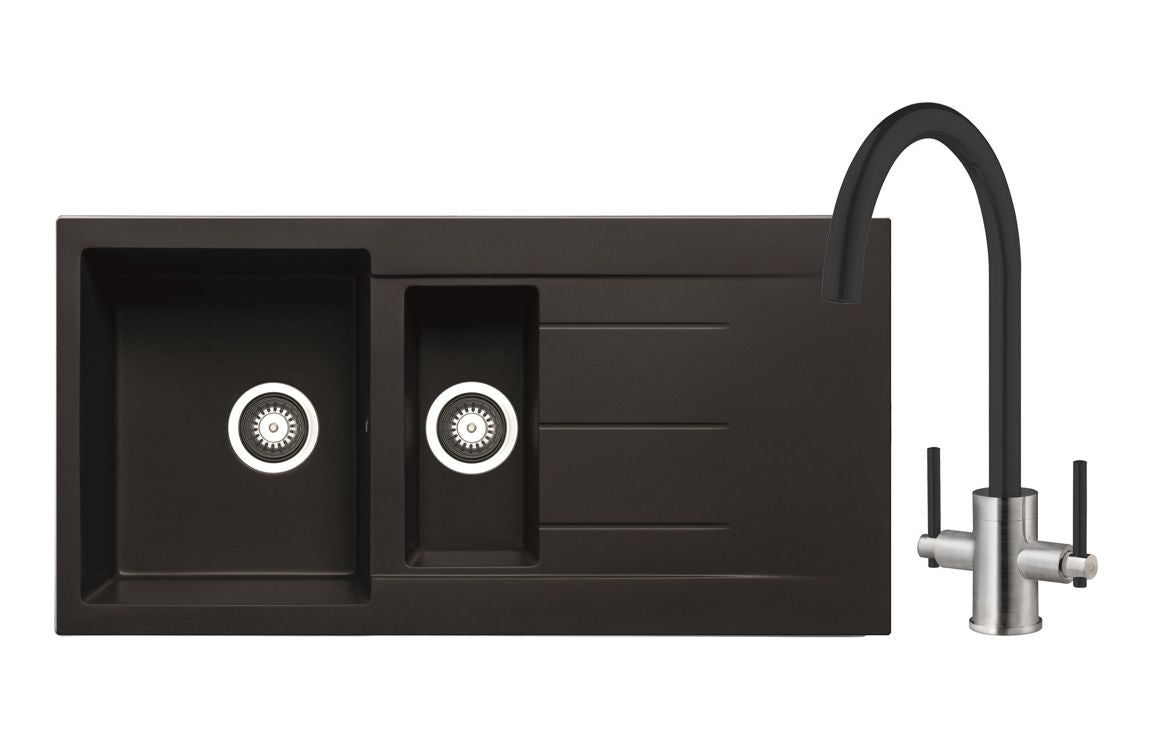 Prima+ Granite 1.5B Inset Sink & Swan Neck Mixer Tap Pack - Black PPR8052