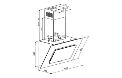 Prima 60cm Angled Chimney Hood - Black Glass PRAE0032