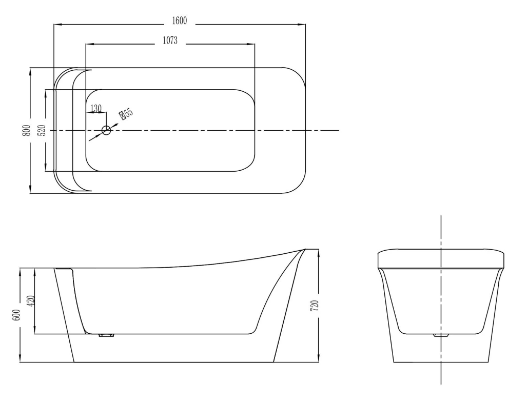 Sheffield White Freestanding Acrylic Bath - 1600x800mm