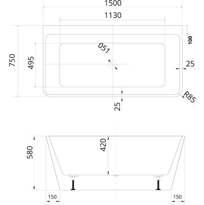 Stitch Freestanding Acrylic Bath - 1500x750mm - White