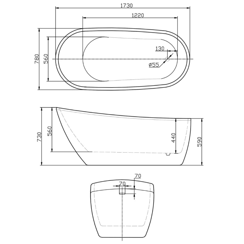 Aire Freestanding Acrylic Slipper Bath - 1730x780mm
