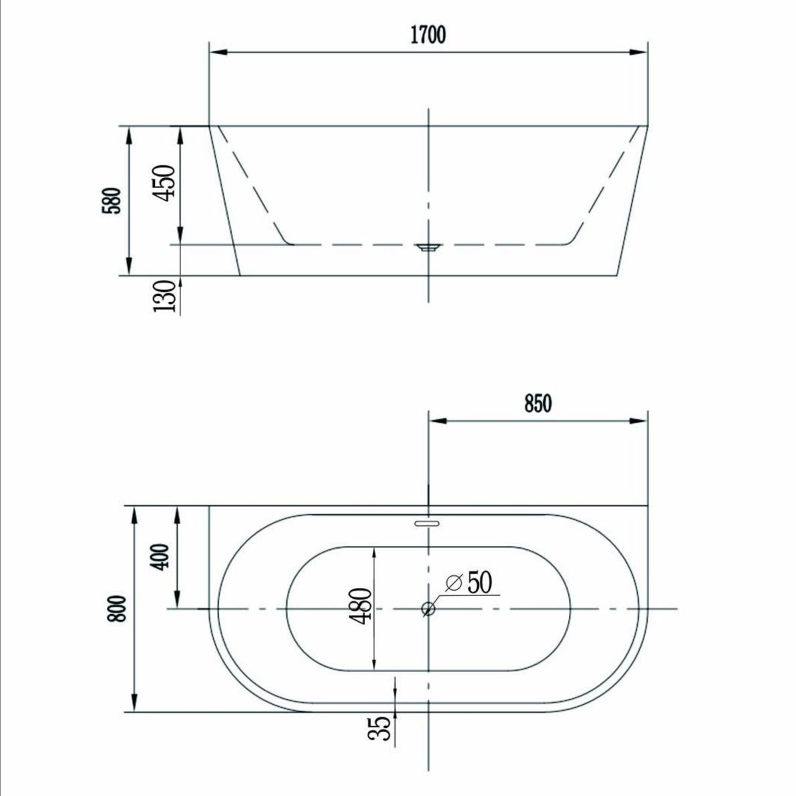 Elm Freestanding Back To Wall Acrylic Bath - 1700x800mm