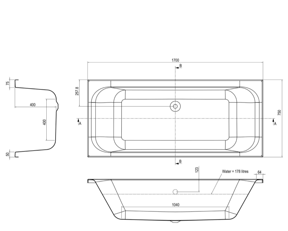 Ocean Acrylic White Bath Double Ended 1700x750mm