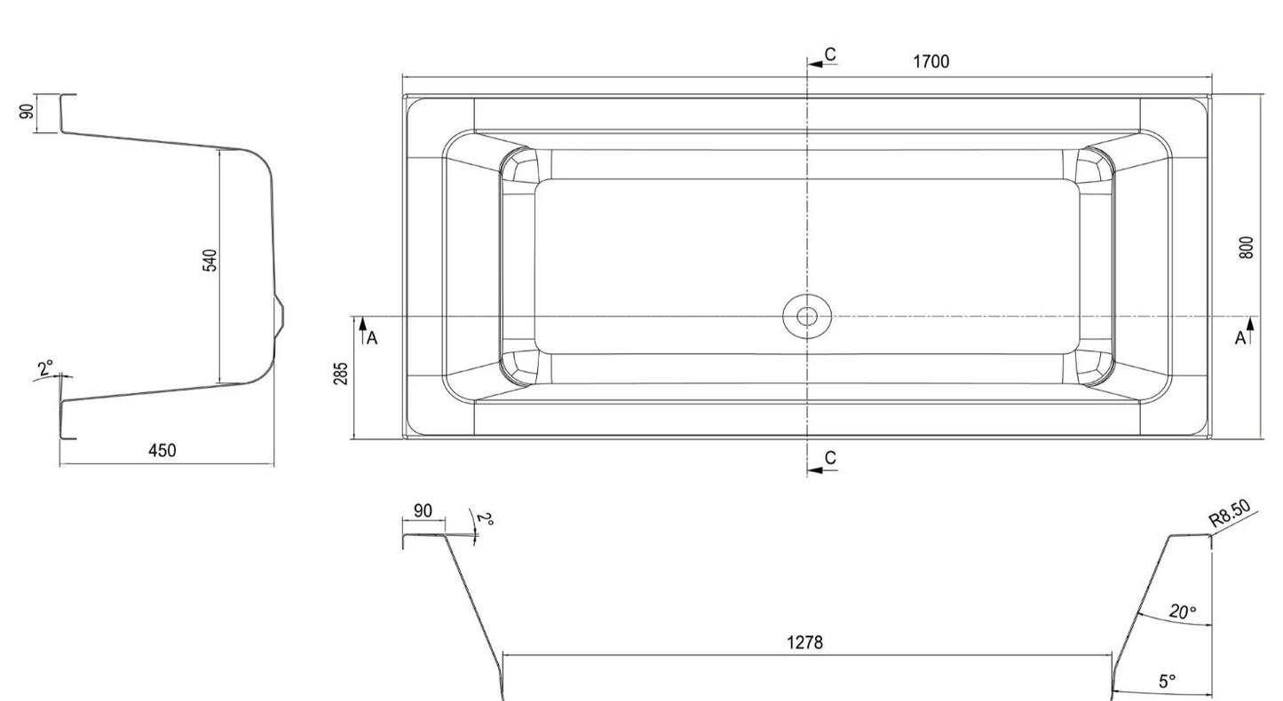 River Double Ended Reinforced Acrylic Bath – 1700 x 800mm