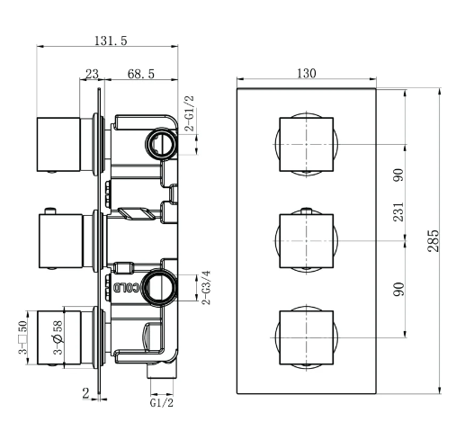 Liberty Square Triple Outlet Valve Shower Pack - Gunmetal