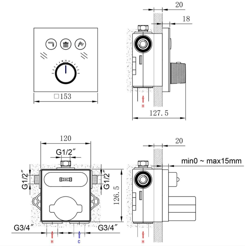 Monaco Triple Outlet Concealed Shower Valve - Glass Front