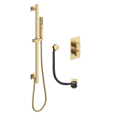 Liberty Square Double Outlet Valve with Slide Rail Kit and Bath Filler - Brushed Gold
