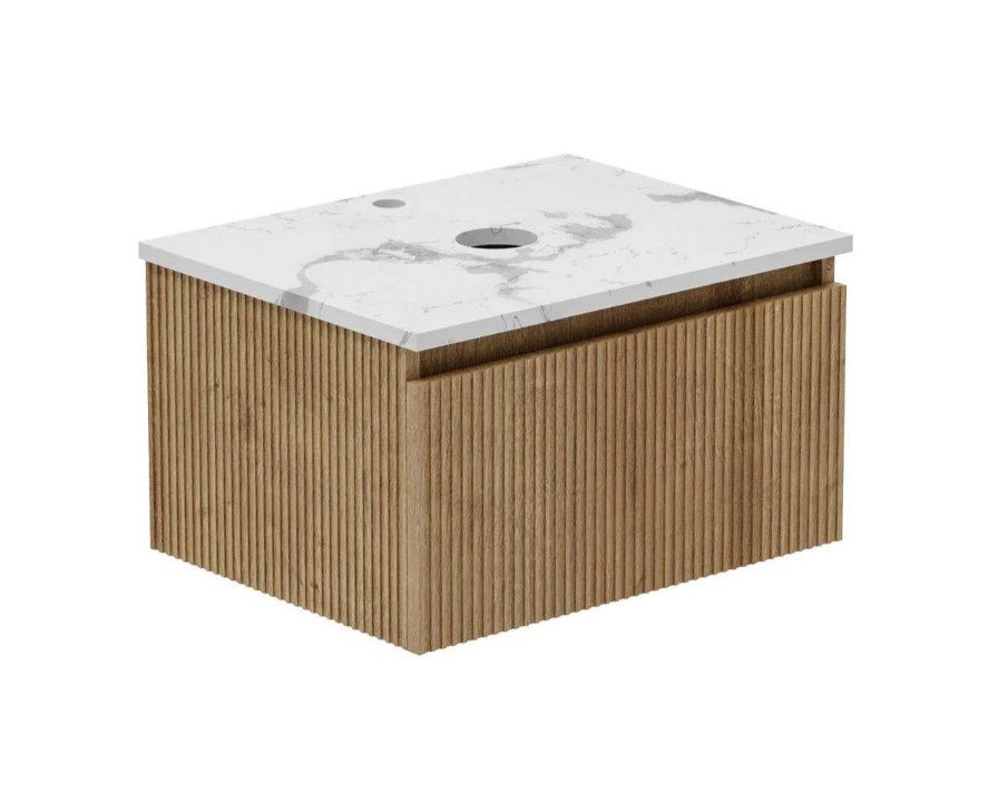Rebecca 650mm Ribbed Wall Hung Vanity Unit in Natural Oak & Marble Worktop with 1 Tap Hole N24