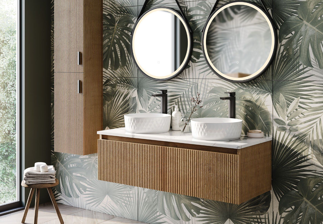 Rebecca 1200mm Ribbed Wall Hung Vanity Unit in Natural Oak & Marble Worktop with 2 Tap Holes N24