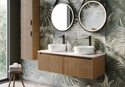 Rebecca 1200mm Ribbed Wall Hung Vanity Unit in Natural Oak & Marble Worktop with 2 Tap Holes N24