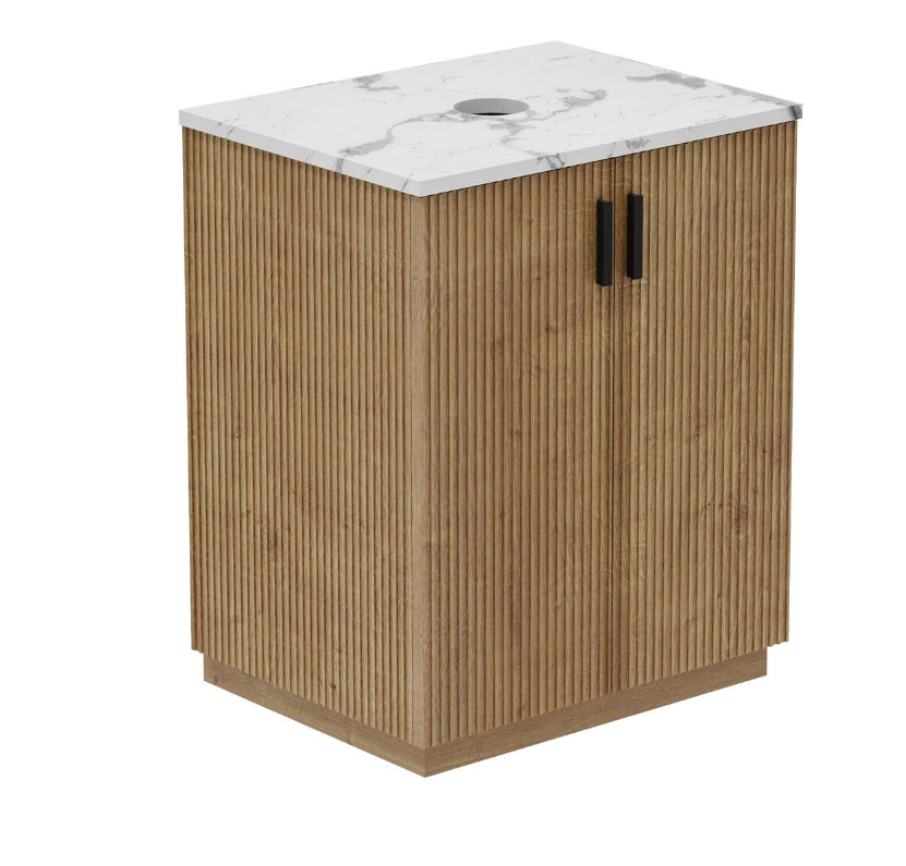 Rebecca 650mm Ribbed Floor Standing Vanity Unit in Natural Oak & Marble Worktop with No Tap Holes N24