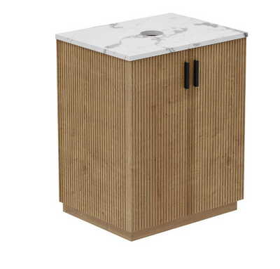 Rebecca 650mm Ribbed Floor Standing Vanity Unit in Natural Oak & Marble Worktop with No Tap Holes N24