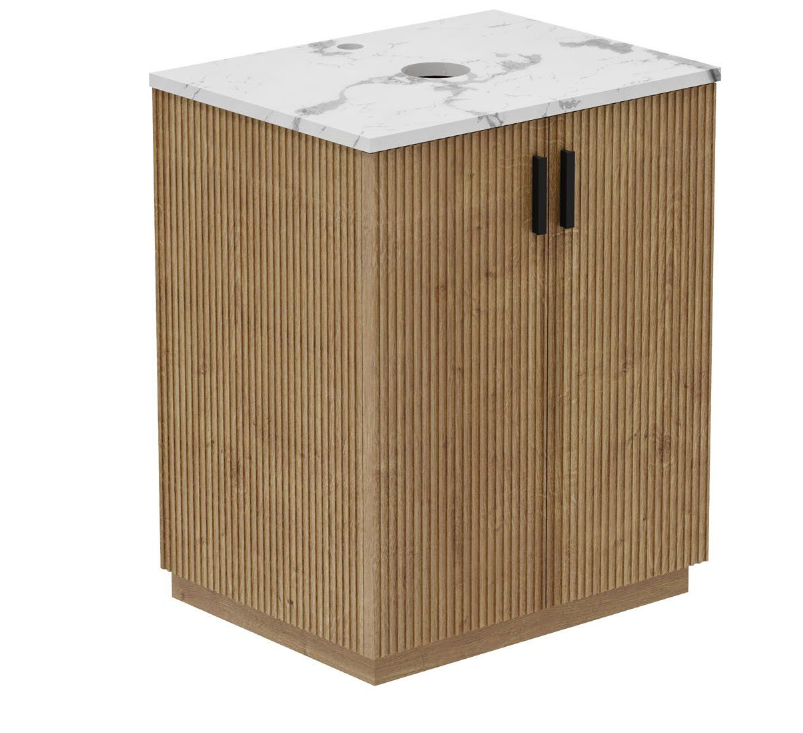 Rebecca 650mm Ribbed Floor Standing Vanity Unit in Natural Oak & Marble Worktop with 1 Tap Holes N24