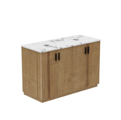 Rebecca 1200mm Ribbed Floor Standing Vanity Unit in Natural Oak & Marble Worktop with 2 Tap Holes N24