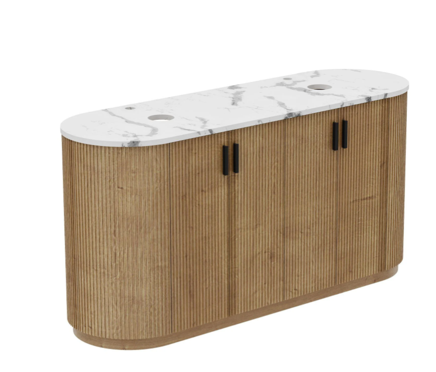 Rebecca 1600mm Ribbed Floor Standing Vanity Unit in Natural Oak & Marble Worktop with 2 Tap Holes N24